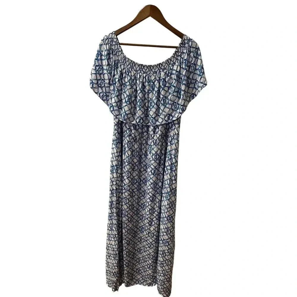 Chico’s Blue & White On Or Off Shoulder Maxi Dress Size 3 US Size 16/18